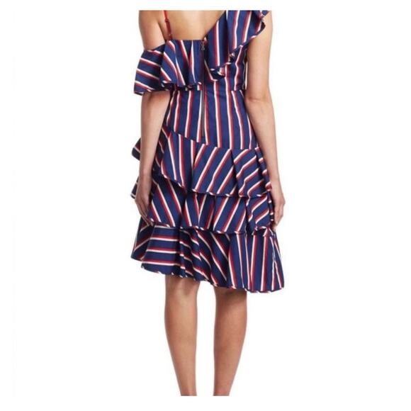 Alice + Olivia Red White Blue Stripe Asymmetrical Ruffle A-Line Cocktail Dress 2 - Picture 2 of 10